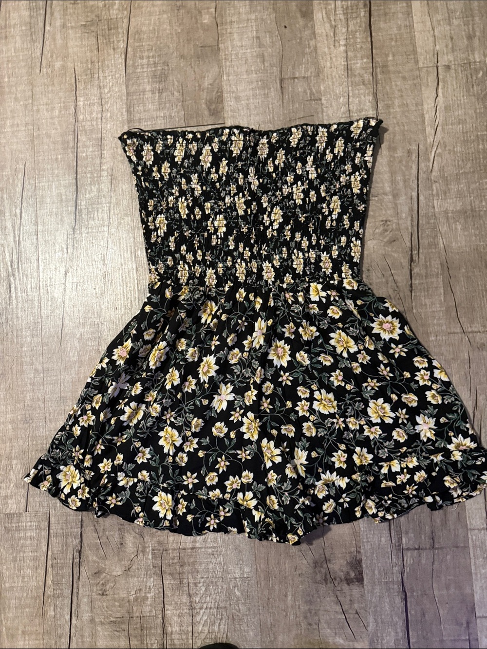 Angie Black Floral Smocked Shorts Romper with Yellow and White Flowers